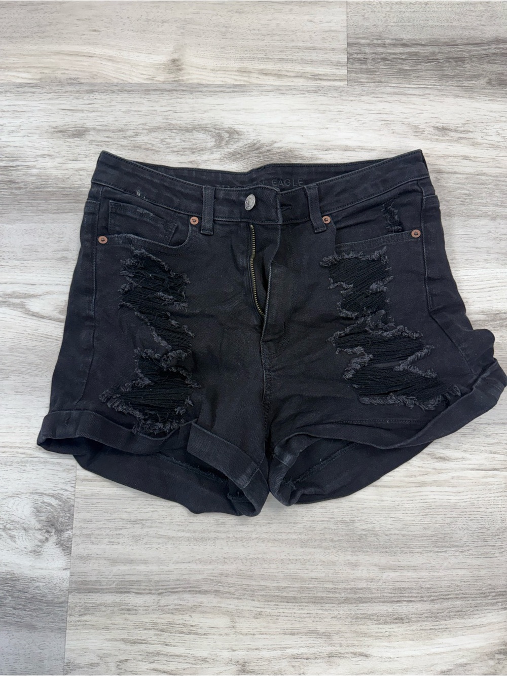 American Eagle Outfitters Black Distressed Roll-Hem Jean Shorts